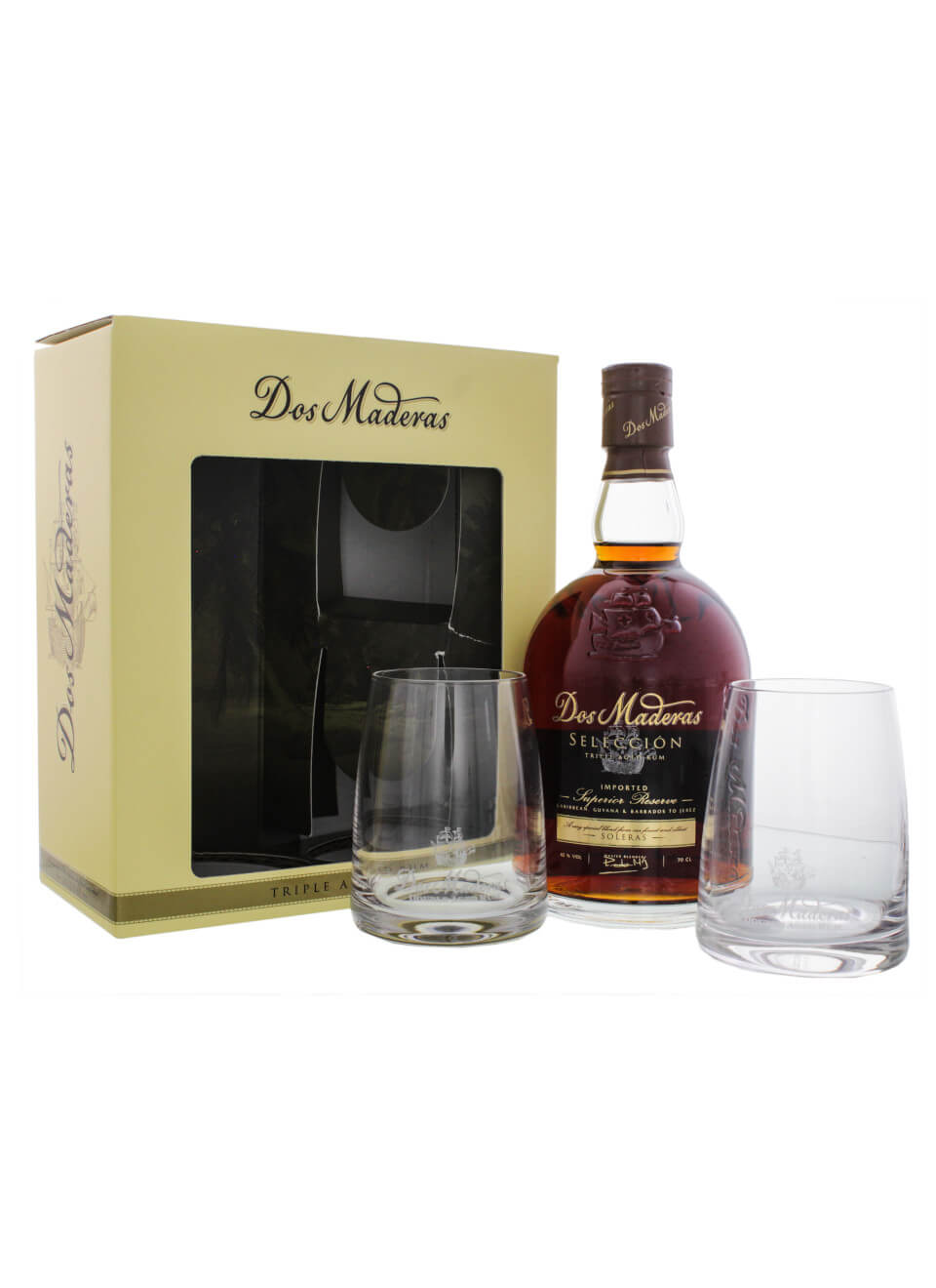Dos Maderas Seleccion Rum 0,7 L mit zwei Gläsern und Geschenkverpackung  günstig kaufen | Spirituosenworld.de - Online Shop für Spirituosen und  Barzubehör