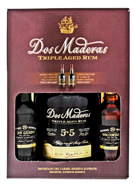 Dos Maderas PX Triple Aged 5+5 Jahre Rum mit zwei W&amp;H Sherry Kleinflaschen 0,9 L Set